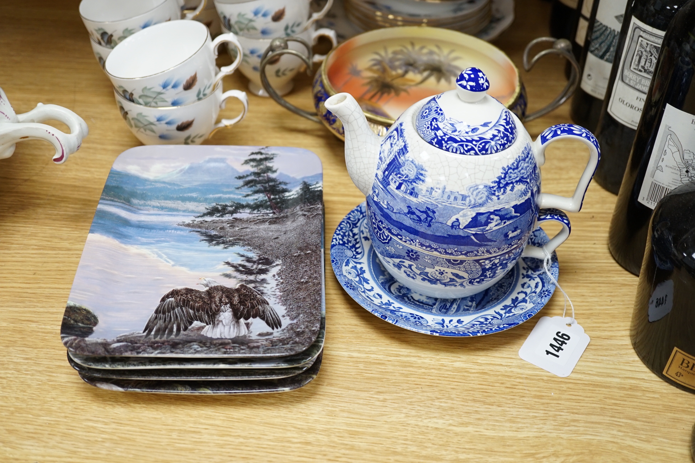 A Noritake ‘Egypt sunset scene’ bowl, a blue and white teapot and a Colclough teaset together with a set of four Bradex rectangular “Wild Wings” plates, 22cm high